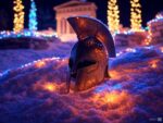 AI image of a greek helmet in Christmas snow with lights and a temple in the background